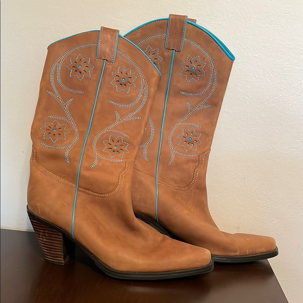 Franco Sarto Tan and Blue Heeled Boots with Western Flair